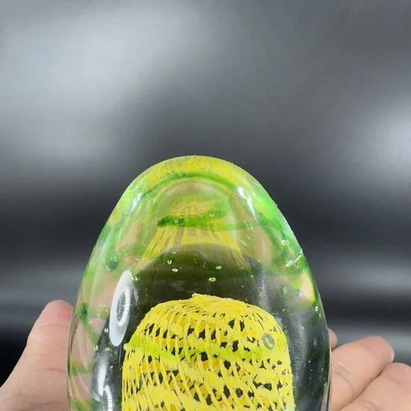 Art Glass Paperweight With Yellow Green Swirls All Over Egg Shaped Paperweight - Picture 9 of 16